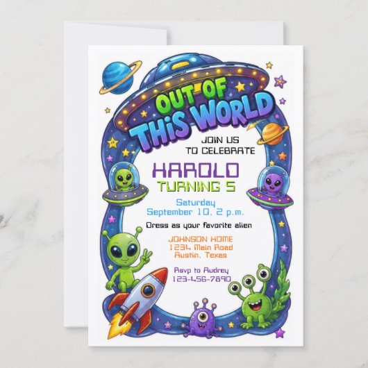 Invitation d'anniversaire extraterrestre hors du m (Devant)