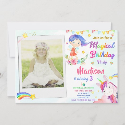 Invitation d'anniversaire Fairy and Unicorn avec p