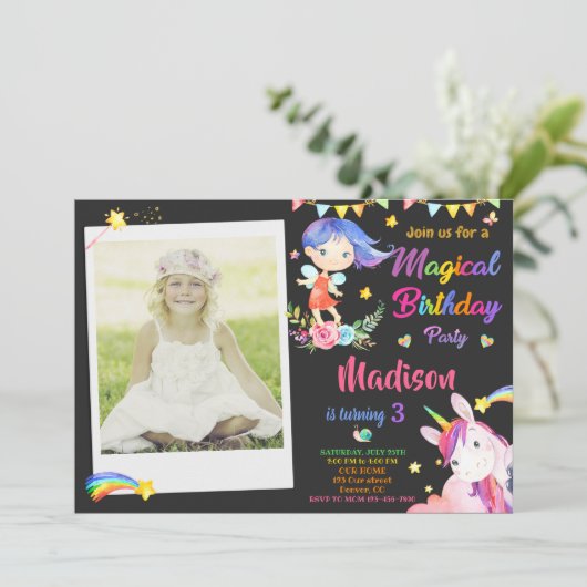 Invitation d'anniversaire Fairy and Unicorn avec p (Debout devant)