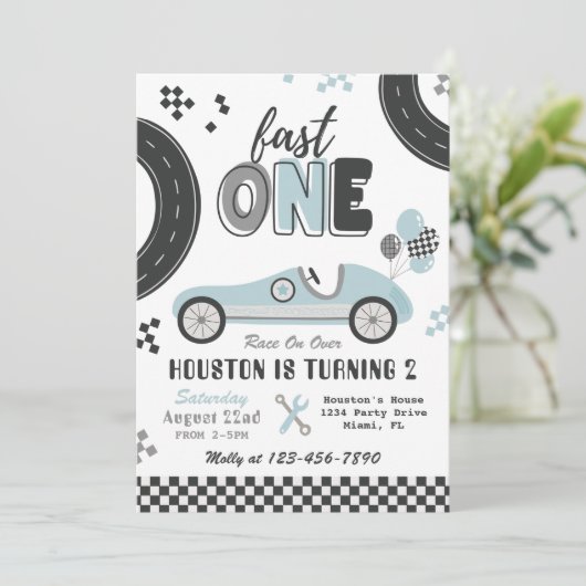 Invitation d'anniversaire Fast ONE | Course Vintag (Debout devant)
