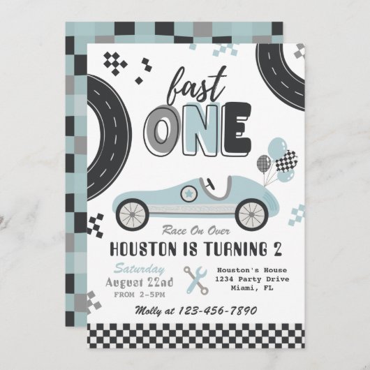 Invitation d'anniversaire Fast ONE | Course Vintag (Devant / Derrière)
