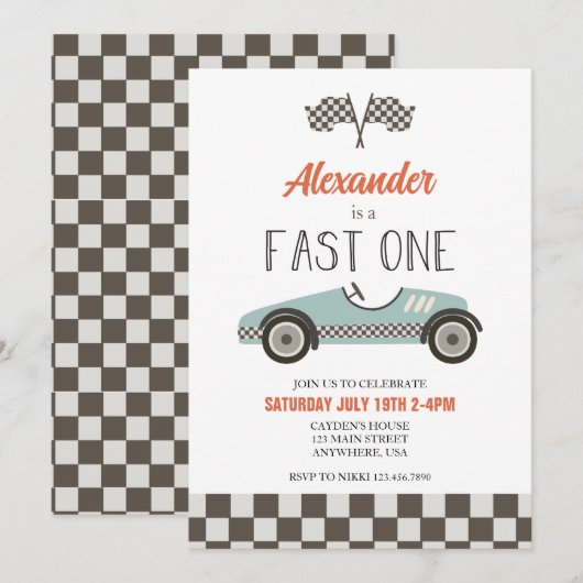 Invitation d'anniversaire Fast One voiture de cour (Devant / Derrière)
