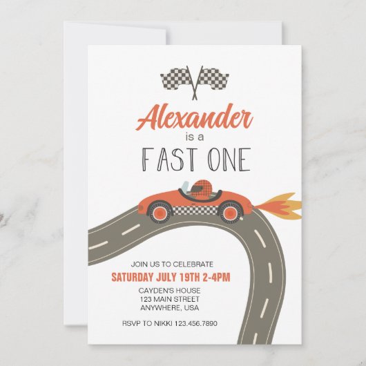 Invitation d'anniversaire Fast One voiture de cour (Devant)