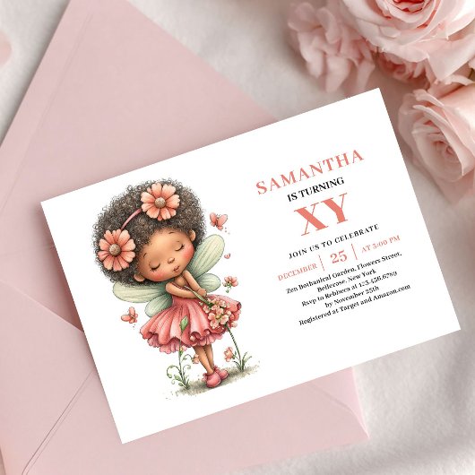 Invitation d'anniversaire Fée fillette florale ros