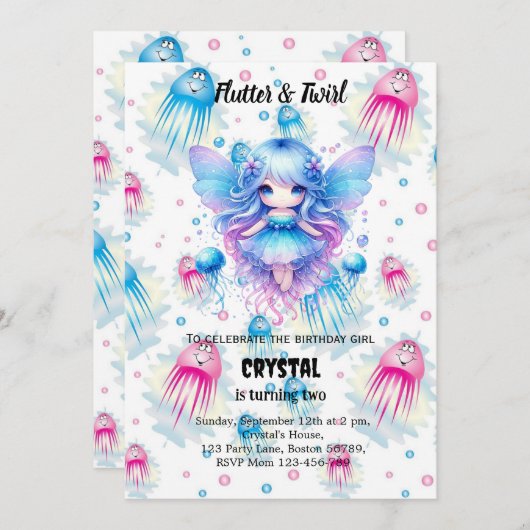 Invitation d'anniversaire fée modifiable (Devant / Derrière)