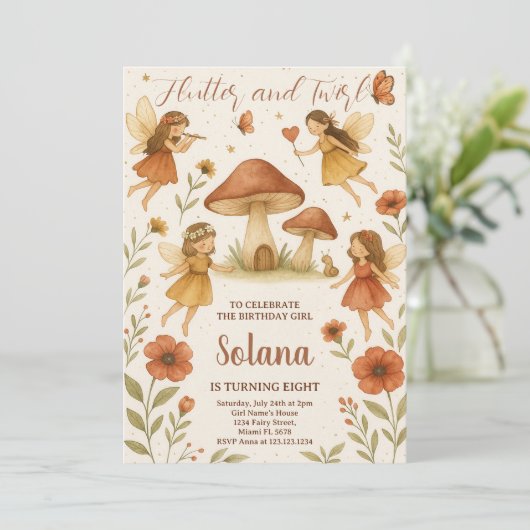 Invitation d'anniversaire fée modifiable (Debout devant)