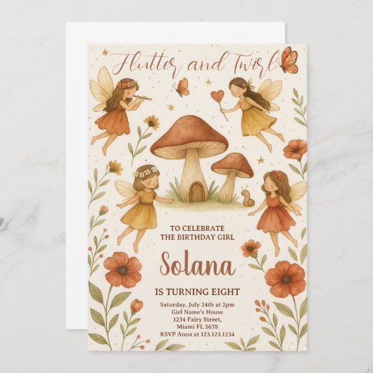 Invitation d'anniversaire fée modifiable (Devant / Derrière)