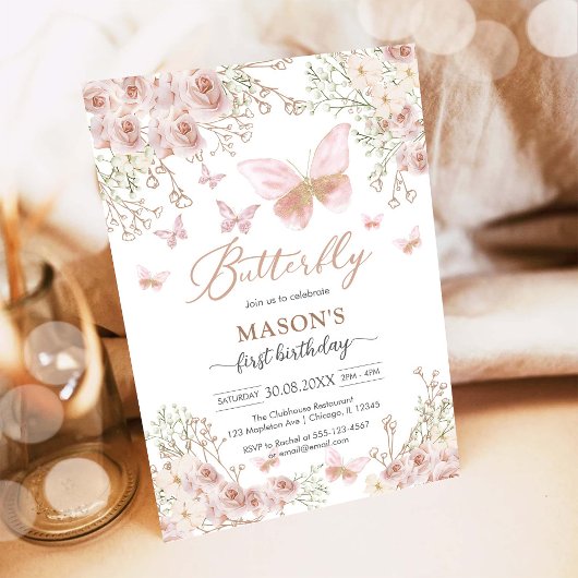 Invitation d'anniversaire Fée Papillon Rose Fille