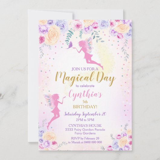 Invitation d'anniversaire Fée Rose Jardin de Fées (Devant)