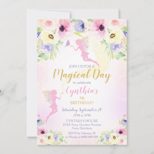 Invitation d'anniversaire Fée Rose Jardin de Fées (Devant)