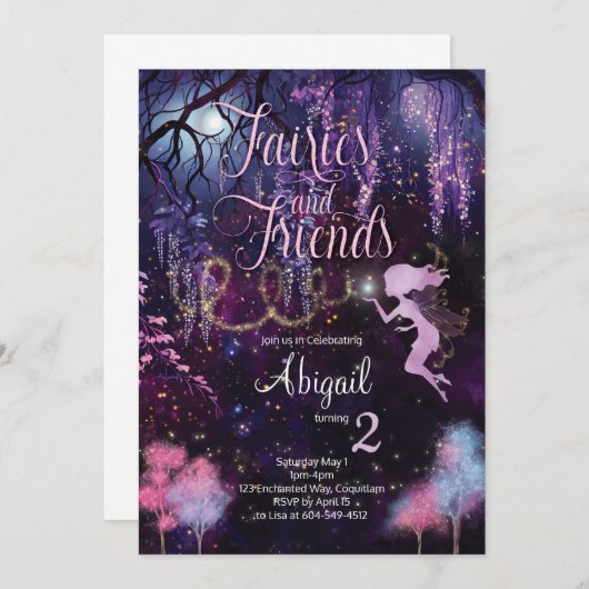 Invitation d'anniversaire Fées et Amis (Devant / Derrière)