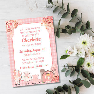 Invitation d'anniversaire Ferme Rose Animaux Flora