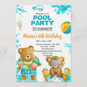 Invitation d'anniversaire fête à la piscine ours