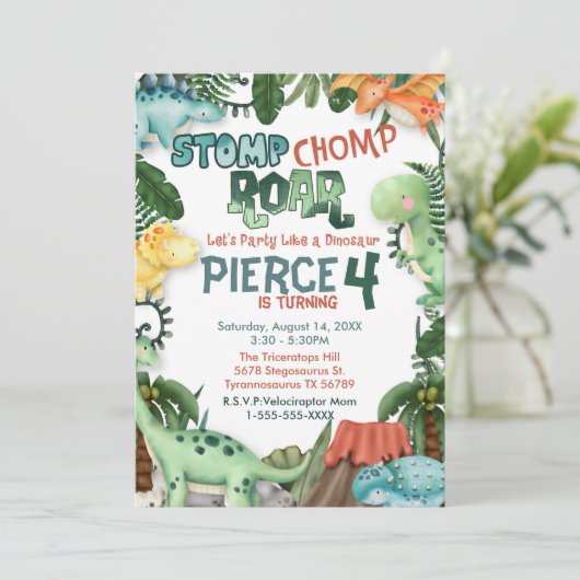 Invitation d'anniversaire Fête comme un dinosaure (Debout devant)