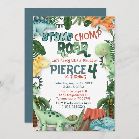 Invitation d'anniversaire Fête comme un dinosaure (Devant / Derrière)