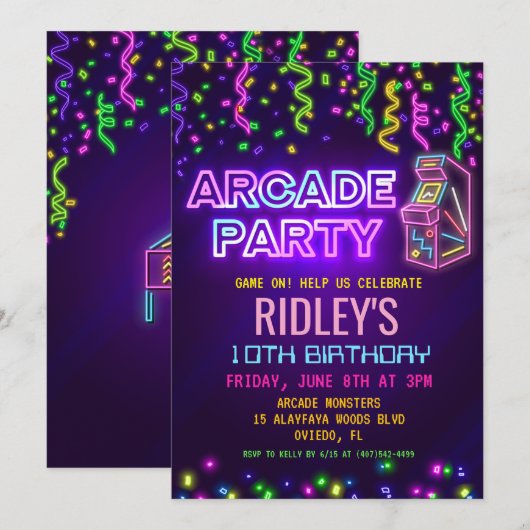 Invitation d'anniversaire fête d'arcade (Devant / Derrière)