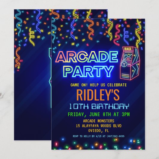Invitation d'anniversaire fête d'arcade (Devant / Derrière)