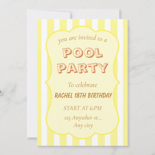 Invitation d'anniversaire Fête de Piscine Rayure J (Devant)