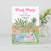 Invitation d'anniversaire Fête de Piscine Rose (Debout devant)