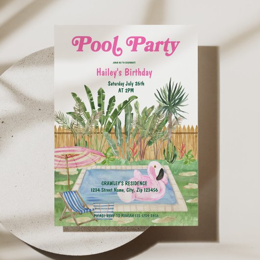 Invitation d'anniversaire Fête de Piscine Rose