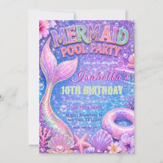Invitation d'anniversaire Fête de piscine Sirène (Devant)