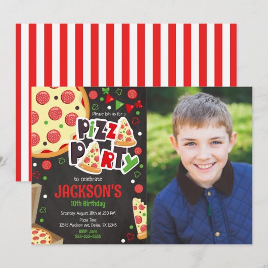 Invitation d'anniversaire Fête de Pizza Enfants Fê (Devant / Derrière)