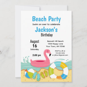 Invitation d'anniversaire Fête de plage au flamant
