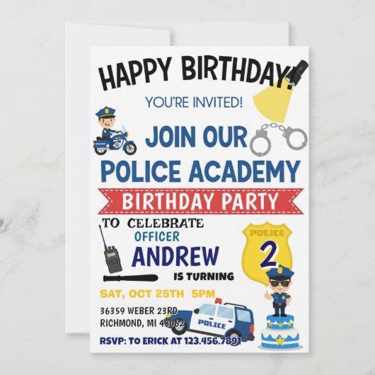 Invitation d'anniversaire fête de policier personn (Devant)