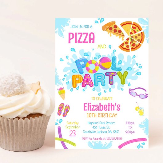 Invitation d'anniversaire fête piscine pizza