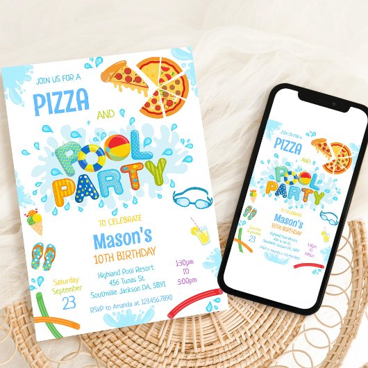 Invitation d'anniversaire fête piscine pizza