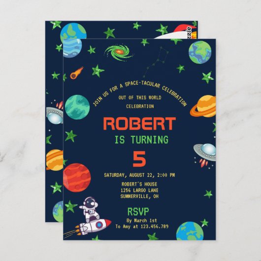 INVITATION D'ANNIVERSAIRE FÊTE SPATIALE (Devant / Derrière)