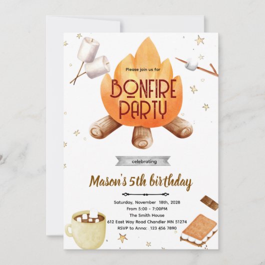 Invitation d'anniversaire feu de joie Smores migno (Devant)
