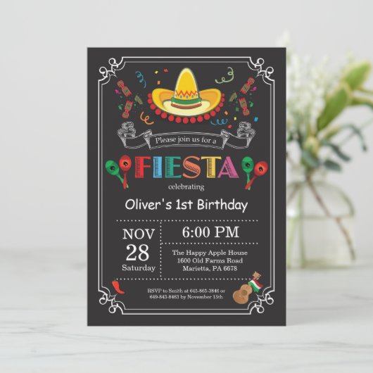 Invitation d'anniversaire Fiesta Chalkboard mexica (Debout devant)