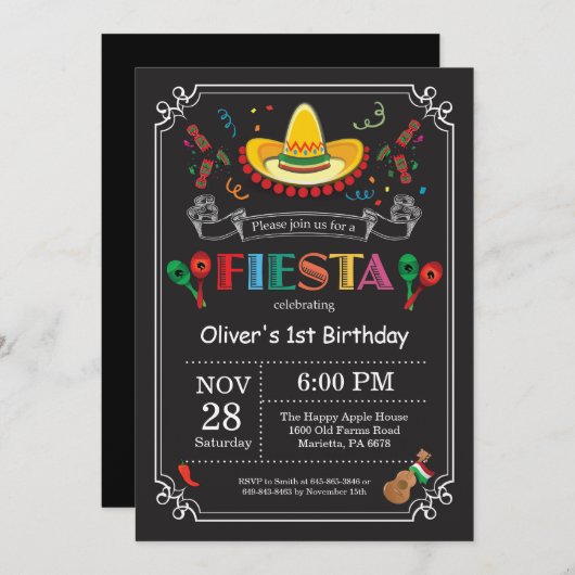 Invitation d'anniversaire Fiesta Chalkboard mexica (Devant / Derrière)