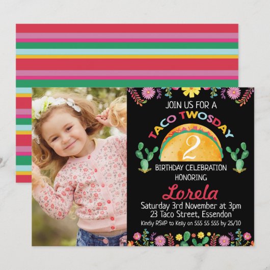 Invitation d'anniversaire Fiesta Taco pour les fil (Devant / Derrière)
