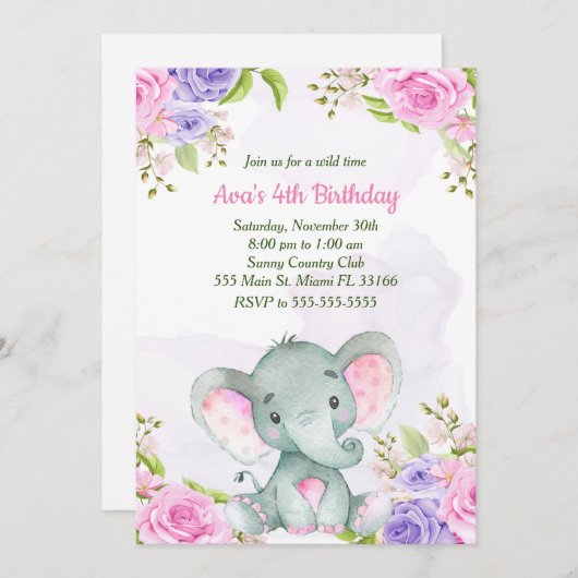 Invitation d'anniversaire Fille à l'éléphant à l'a (Devant / Derrière)