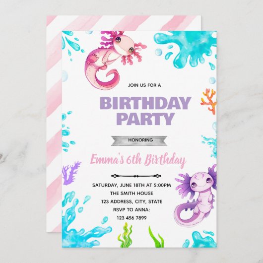 Invitation d'anniversaire fille Axolotl (Devant / Derrière)
