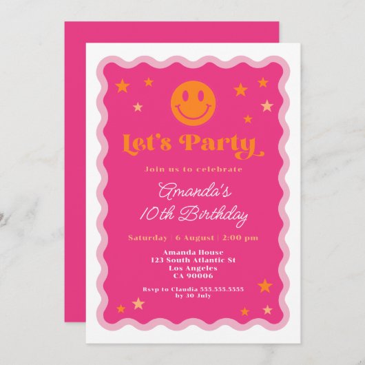 Invitation d'anniversaire Fille Cadre ondulé visag (Devant / Derrière)