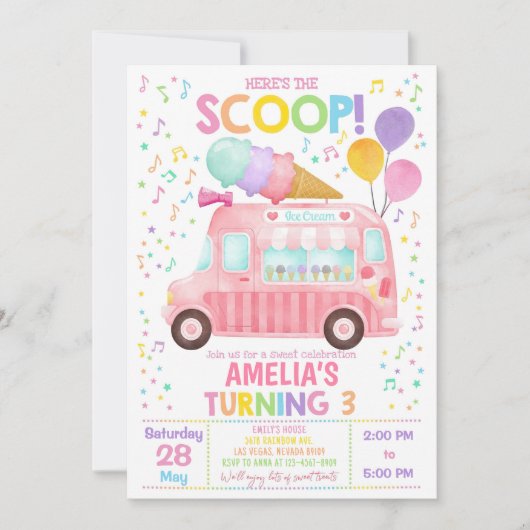 Invitation d'anniversaire fille camion de glace 1e (Devant)