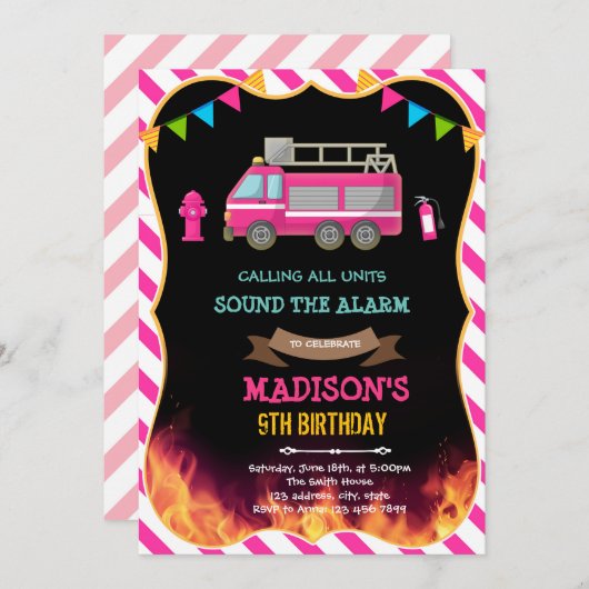 Invitation d'anniversaire fille camion de pompiers (Devant / Derrière)