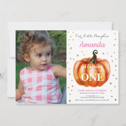 Invitation d'anniversaire fille citrouille automne (Devant)