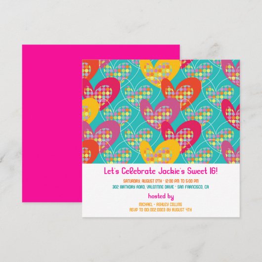 Invitation d'anniversaire fille coeurs pop couleur (Devant / Derrière)