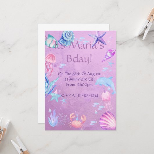 Invitation d'anniversaire fille coquillages violet (Devant/Arrière en situation)