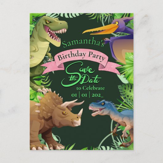 Invitation d'anniversaire fille dinosaure (Devant)