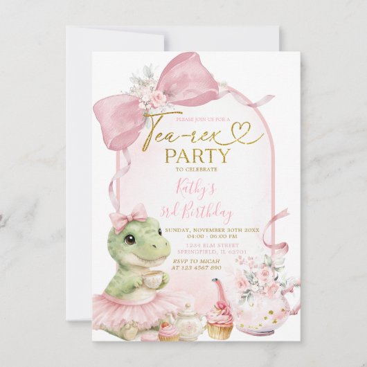 Invitation d'anniversaire Fille Dinosaure Coquette (Devant)