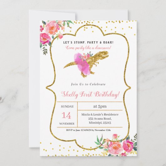 Invitation d'anniversaire FILLE DINOSAURE Or Rose (Devant)