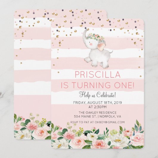 Invitation d'anniversaire fille éléphant - TOUS ÂG (Devant / Derrière)