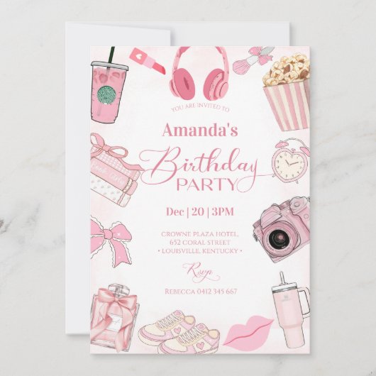 Invitation d'anniversaire fille esthétique rose (Devant)