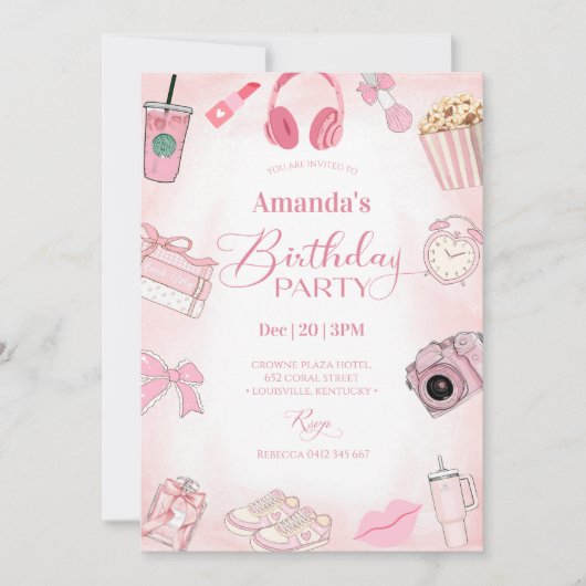 Invitation d'anniversaire fille esthétique rose (Devant)