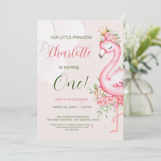 Invitation d'anniversaire Fille Flamant Rose Flora (Debout devant)